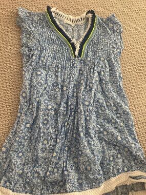 Poupette St. Barth Blue Floral Smocked Tunic with Neon Trim